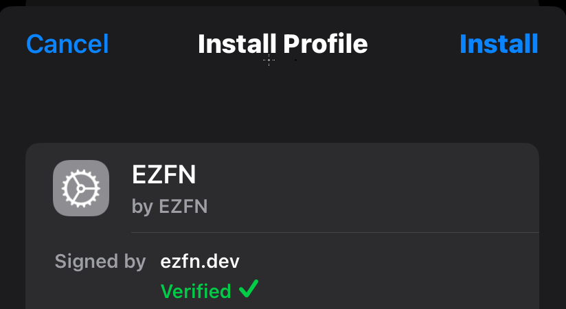 iOS Install Profile dialog with Cancel and Install buttons