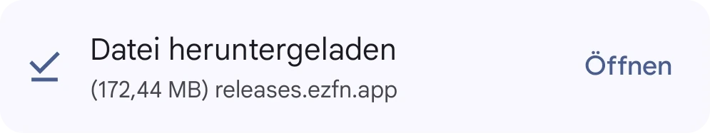 Chrome zeigt den abgeschlossenen Download EZFN-Season12.apk mit einem Button „Öffnen“
