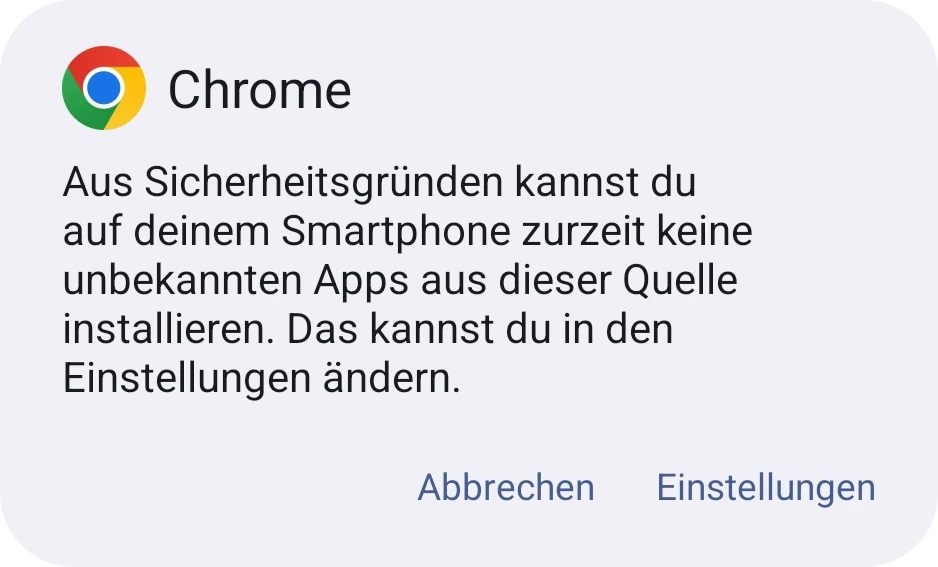 Android-Dialog: Das Handy darf keine unbekannten Apps installieren, mit Button „Einstellungen“