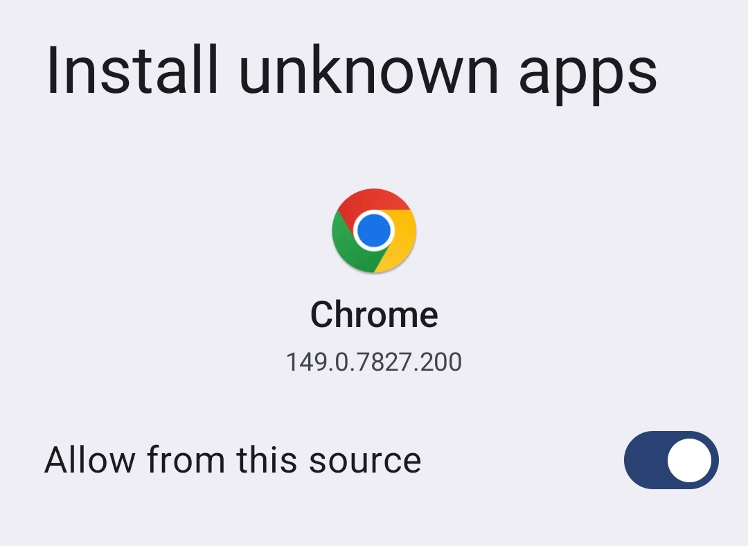 The Install unknown apps settings screen for Chrome with the Allow from this source switch turned on