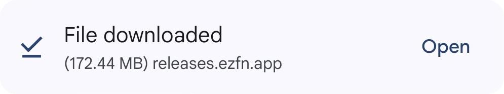 Chrome showing the finished EZFN-Season12.apk download with an Open button