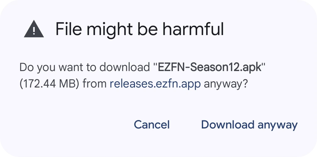 Chrome's "File might be harmful" dialog for EZFN-Season12.apk, with a Download anyway button