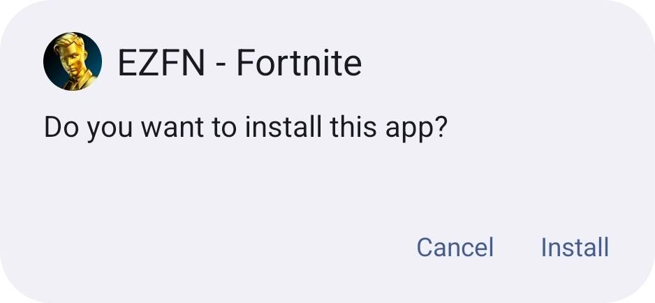Android install confirmation dialog for EZFN - Fortnite with an Install button