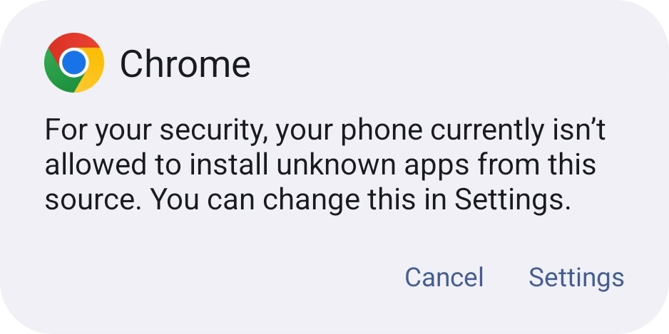 Android dialog explaining the phone isn't allowed to install unknown apps, with a Settings button