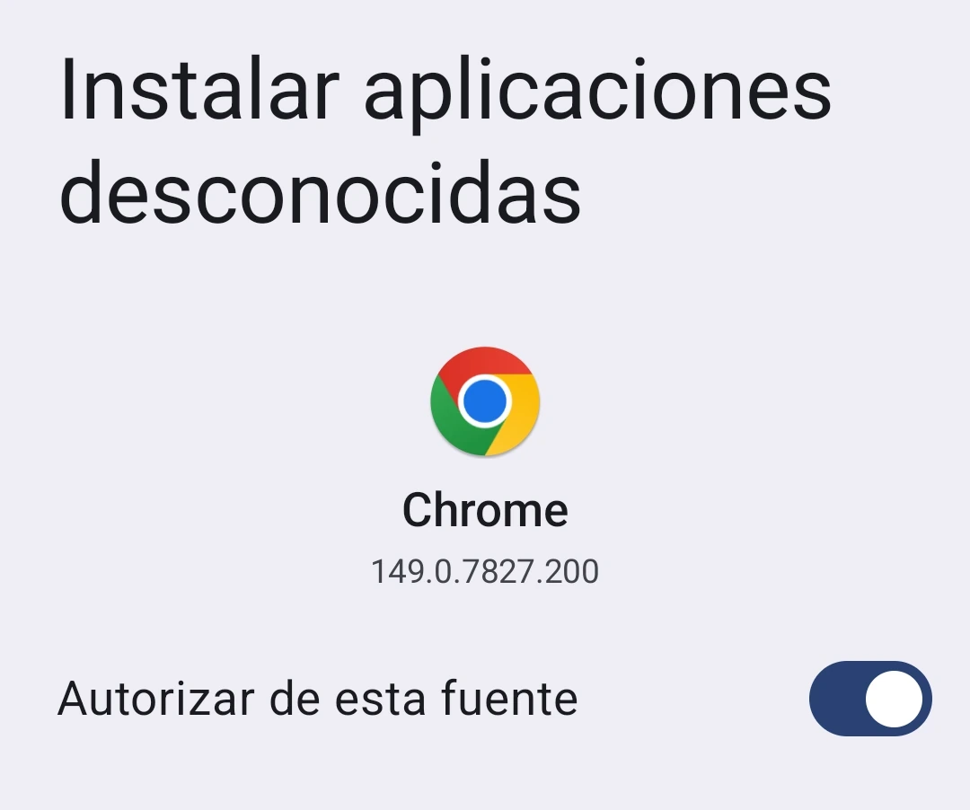 Pantalla de ajustes «Instalar aplicaciones desconocidas» de Chrome con el interruptor Permitir desde esta fuente activado