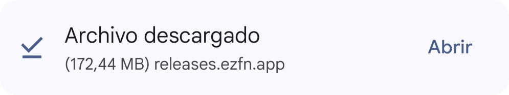 Chrome mostrando la descarga completada de EZFN-Season12.apk con un botón Abrir