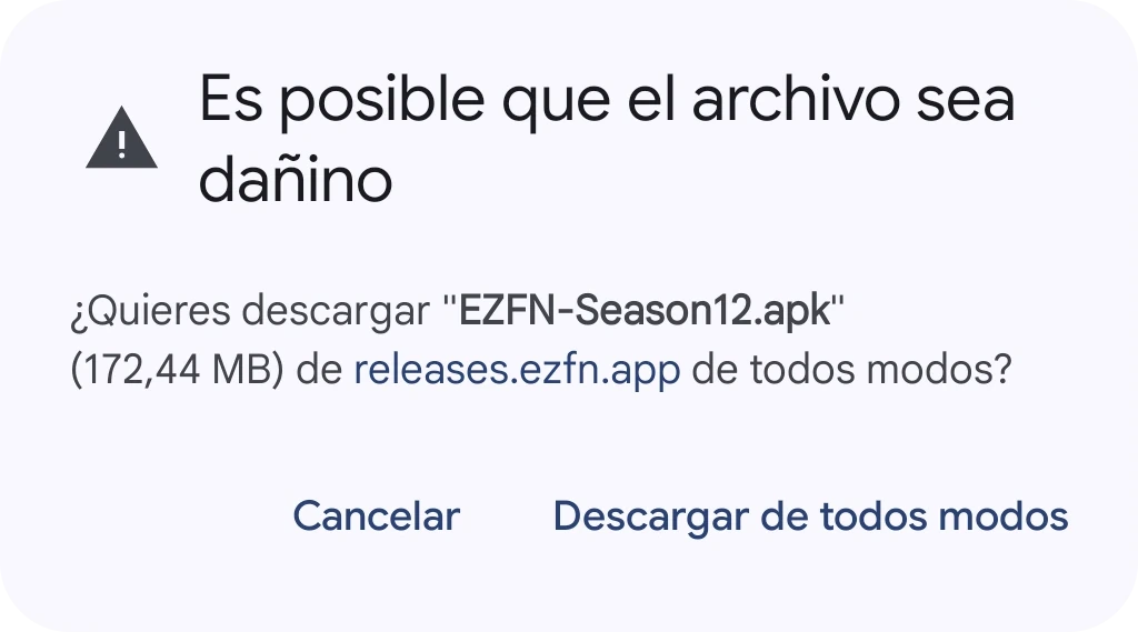 Diálogo de Chrome «El archivo podría ser dañino» para EZFN-Season12.apk, con un botón Descargar de todos modos