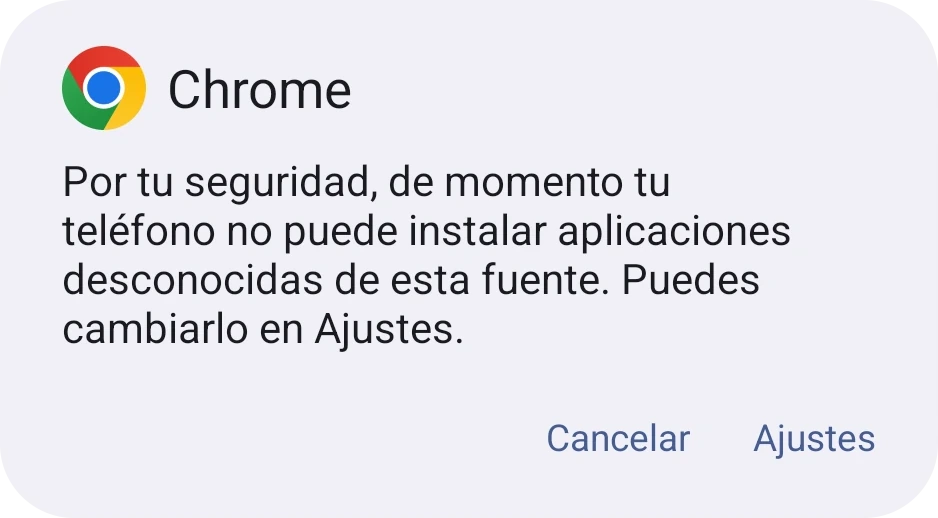 Diálogo de Android indicando que el teléfono no puede instalar apps desconocidas, con un botón Configuración