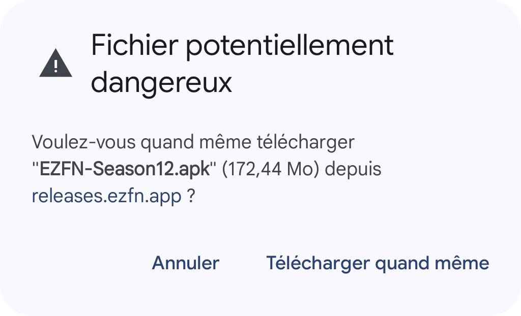 Boîte de dialogue Chrome « Ce fichier peut être dangereux » pour EZFN-Season12.apk, avec un bouton Tout télécharger