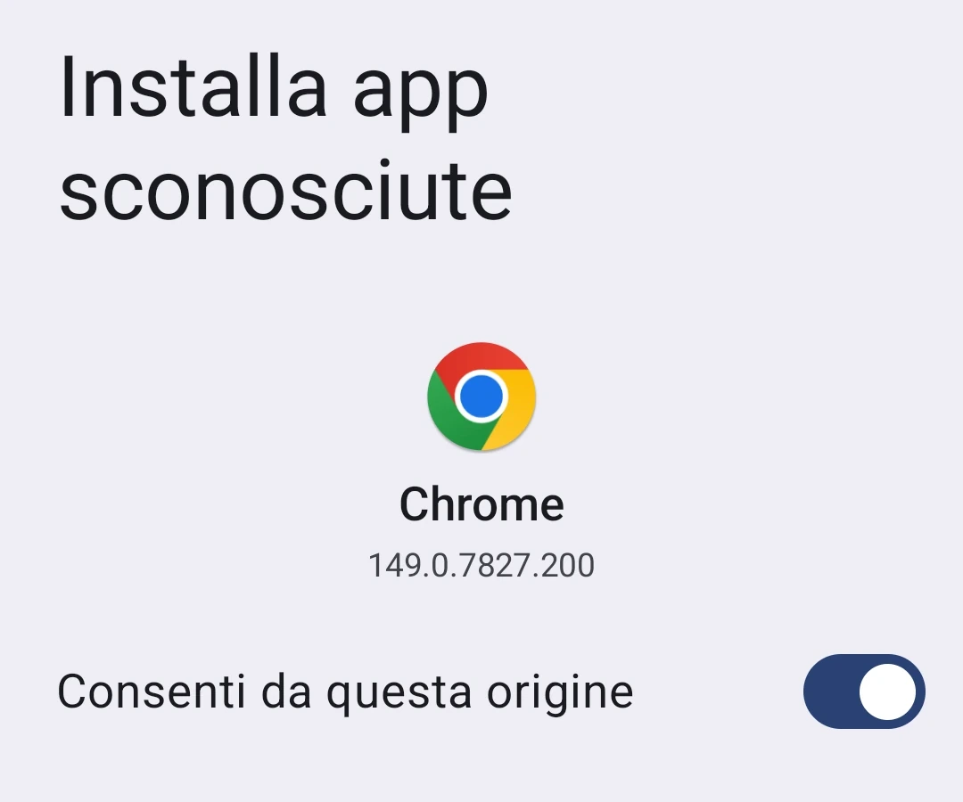 Schermata delle impostazioni «Installa app sconosciute» per Chrome con l'interruttore Consenti da questa origine attivato