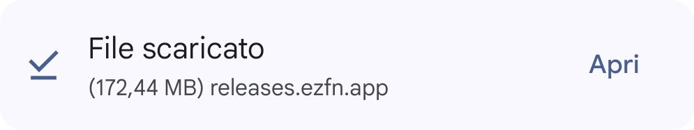 Chrome mostra il download completato di EZFN-Season12.apk con un pulsante Apri