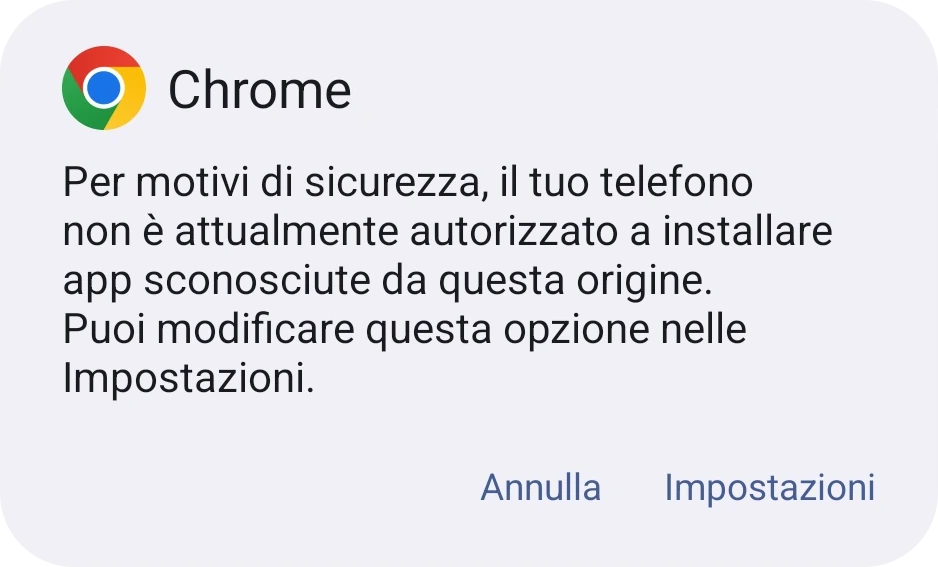 Finestra di Android che indica che il telefono non può installare app sconosciute, con un pulsante Impostazioni