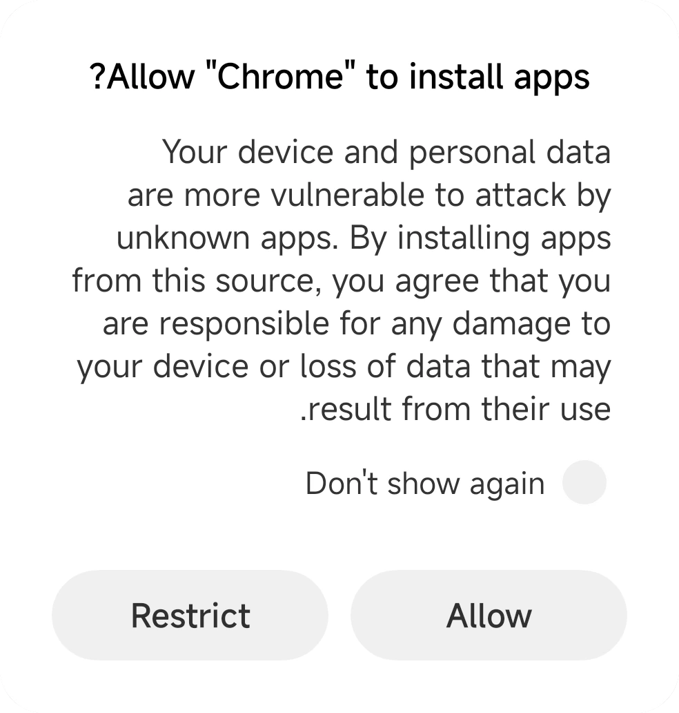 لوحة MIUI تسأل عن السماح لـ Chrome بتثبيت التطبيقات، مع زرّي «Allow» و«Restrict»