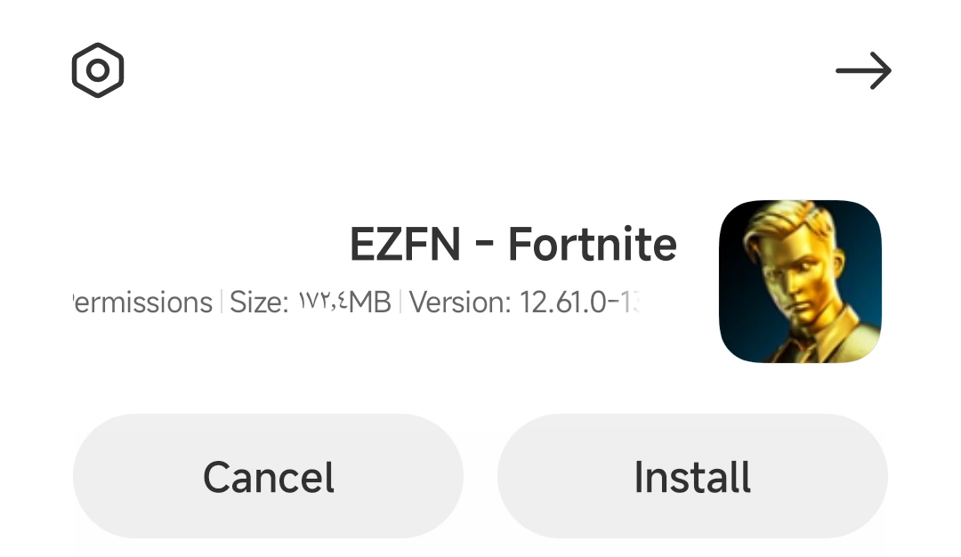 شاشة مثبّت Xiaomi لتطبيق EZFN - Fortnite مع زرّي «Install» و«Cancel»