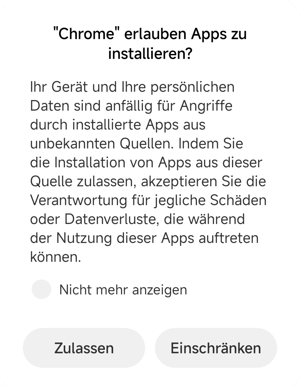 MIUI-Dialog mit der Frage, ob Chrome Apps installieren darf, mit den Buttons „Zulassen“ und „Einschränken“