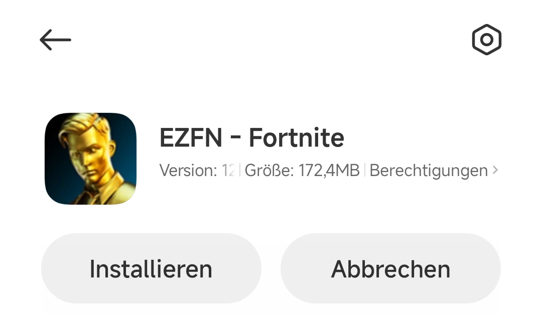 Xiaomi-Installationsseite für EZFN - Fortnite mit den Buttons „Installieren“ und „Abbrechen“
