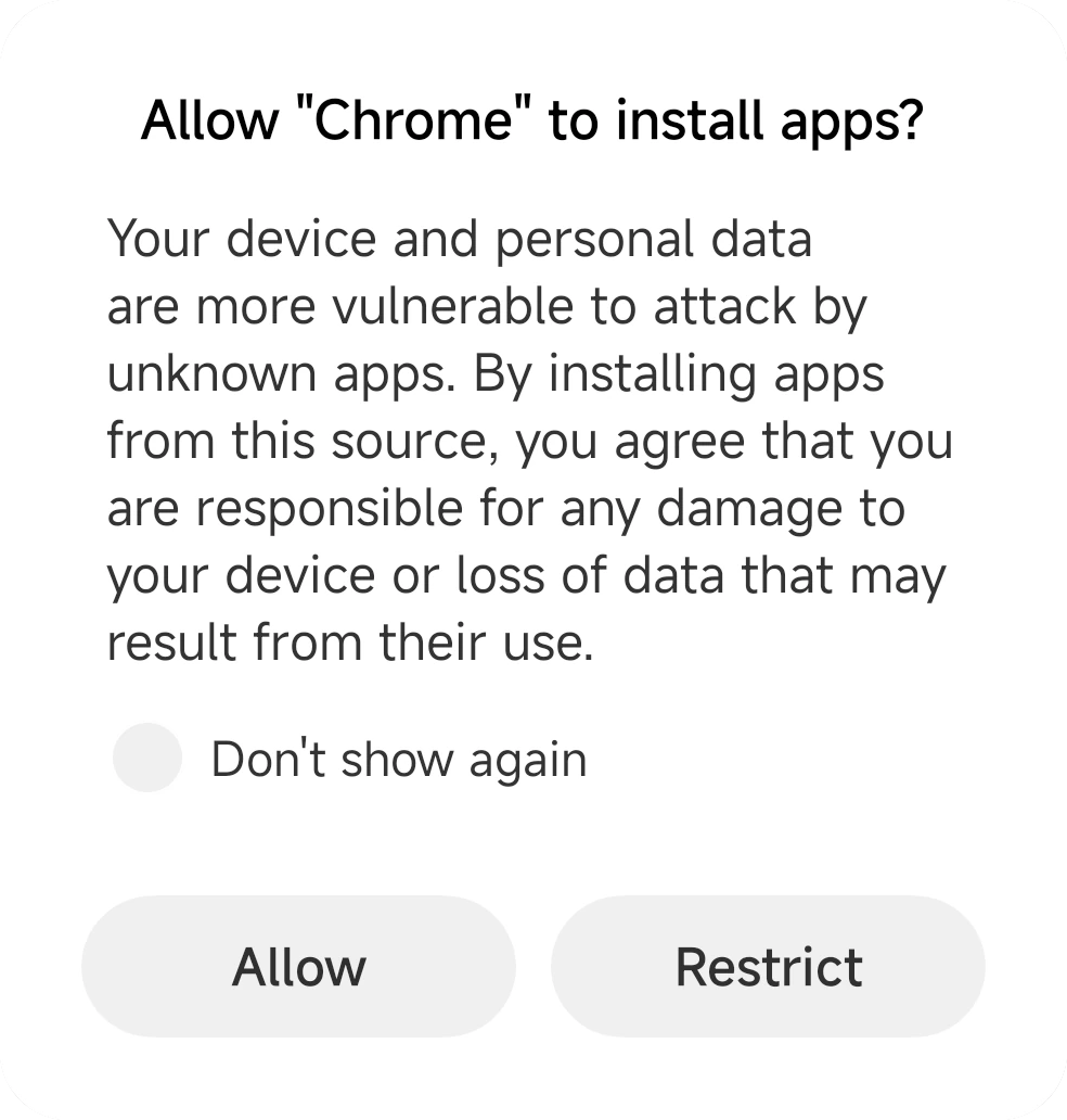 MIUI sheet asking to allow Chrome to install apps, with Allow and Restrict buttons