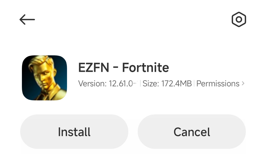 Xiaomi's installer page for EZFN - Fortnite with Install and Cancel buttons