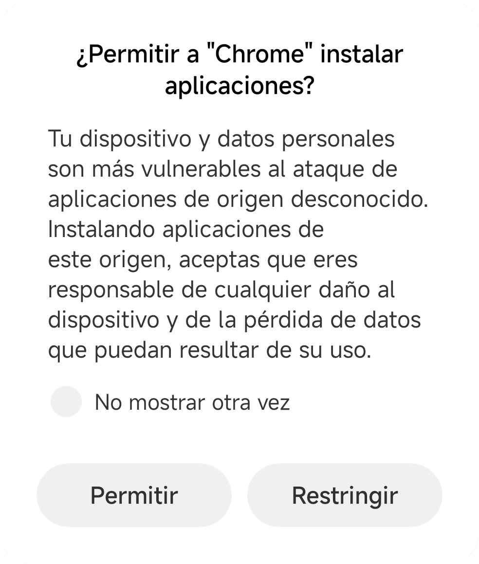 Panel de MIUI preguntando si permitir que Chrome instale apps, con los botones «Permitir» y «Restringir»