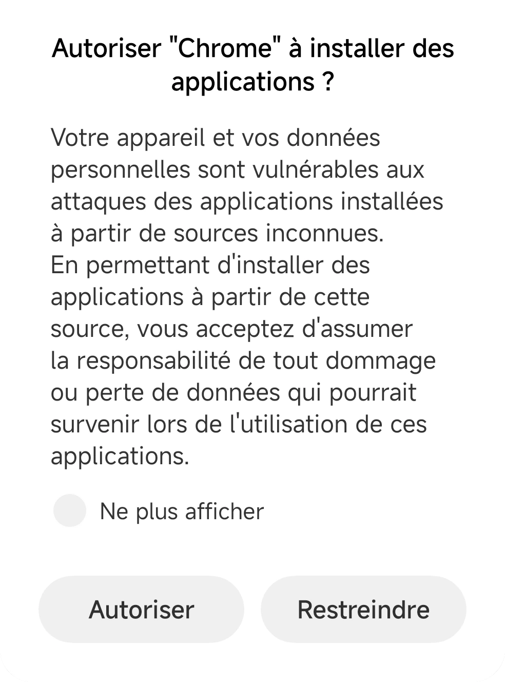 Panneau MIUI demandant d'autoriser Chrome à installer des applis, avec les boutons « Autoriser » et « Restreindre »