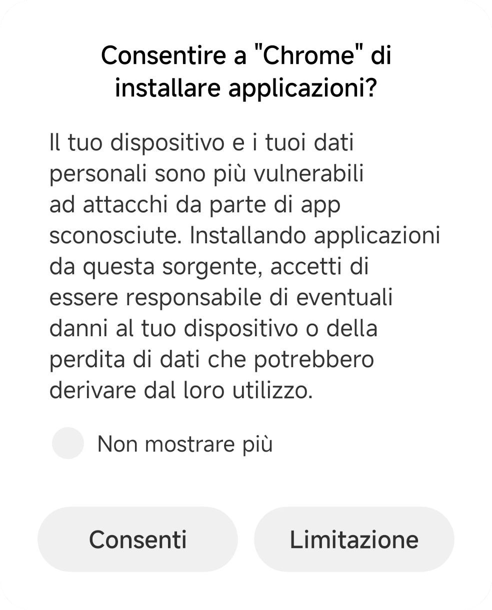 Riquadro MIUI che chiede se consentire a Chrome di installare app, con i pulsanti «Consenti» e «Limitazione»