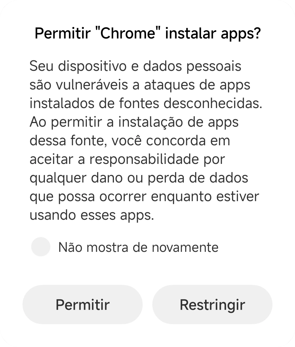 Painel da MIUI perguntando se o Chrome pode instalar apps, com os botões «Permitir» e «Restringir»