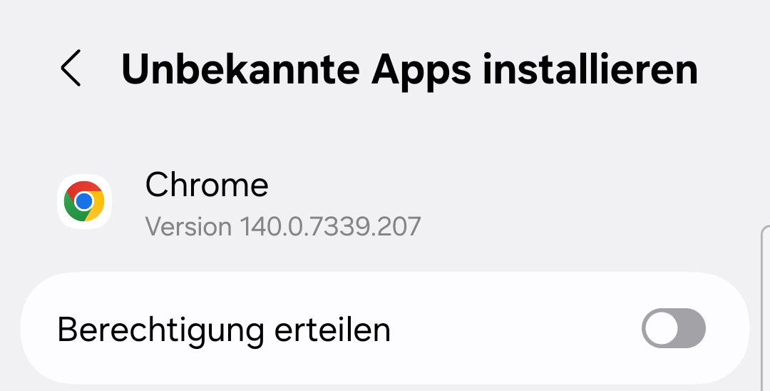 Einstellungsbildschirm „Unbekannte Apps installieren“ für Chrome mit aktiviertem Schalter „Von dieser Quelle zulassen“