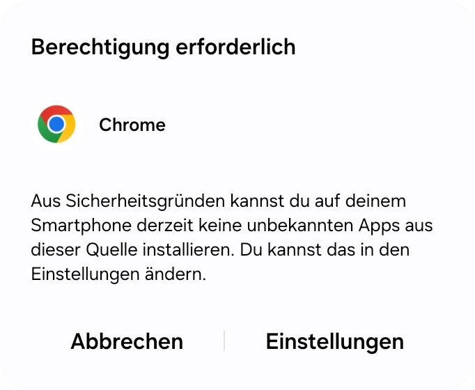 Android-Dialog: Das Handy darf keine unbekannten Apps installieren, mit Button „Einstellungen“
