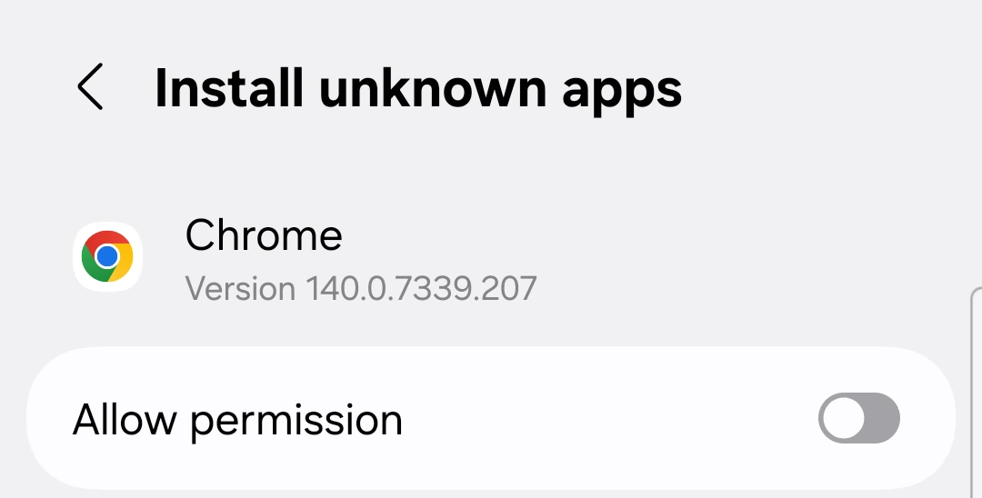The Install unknown apps settings screen for Chrome with the Allow from this source switch turned on