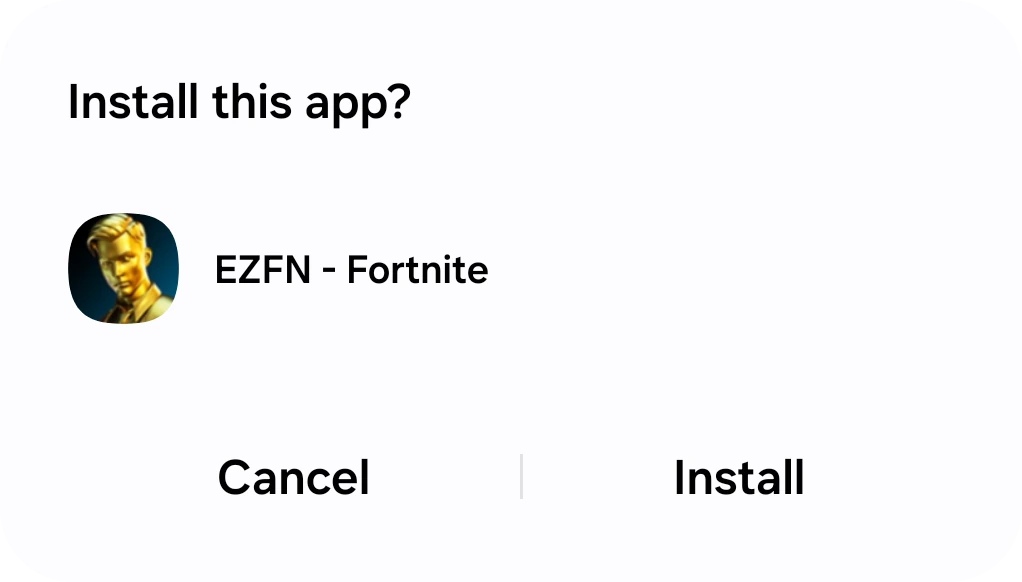 Android install confirmation dialog for EZFN - Fortnite with an Install button