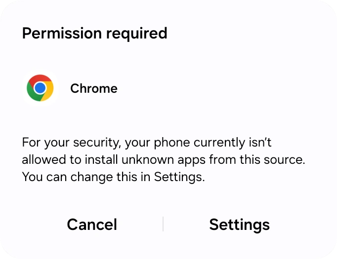 Android dialog explaining the phone isn't allowed to install unknown apps, with a Settings button