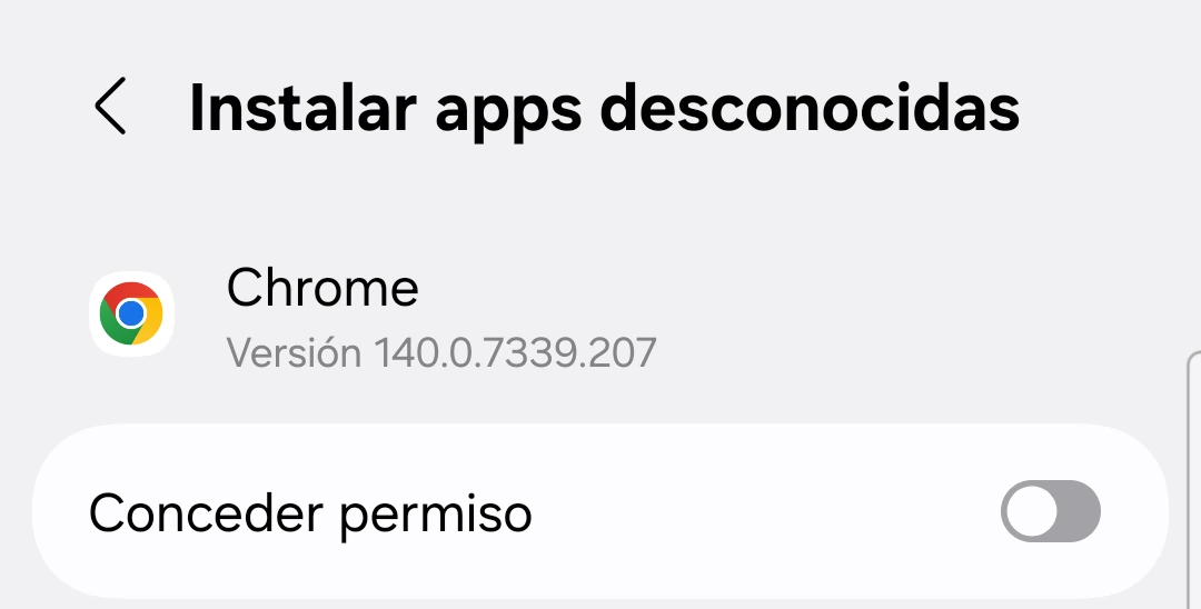 Pantalla de ajustes «Instalar aplicaciones desconocidas» de Chrome con el interruptor Permitir desde esta fuente activado