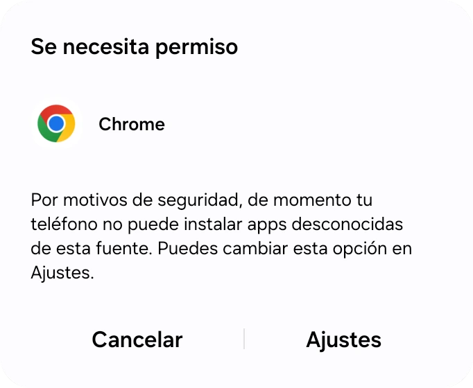 Diálogo de Android indicando que el teléfono no puede instalar apps desconocidas, con un botón Configuración