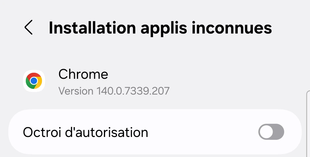 Écran de réglages « Installer des applis inconnues » pour Chrome avec le commutateur Autoriser cette source activé