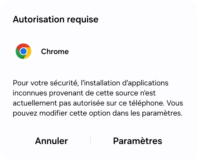 Boîte de dialogue Android indiquant que le téléphone n'est pas autorisé à installer des applis inconnues, avec un bouton Paramètres
