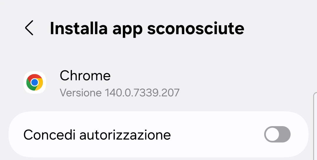 Schermata delle impostazioni «Installa app sconosciute» per Chrome con l'interruttore Consenti da questa origine attivato