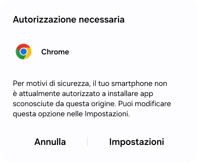 Finestra di Android che indica che il telefono non può installare app sconosciute, con un pulsante Impostazioni