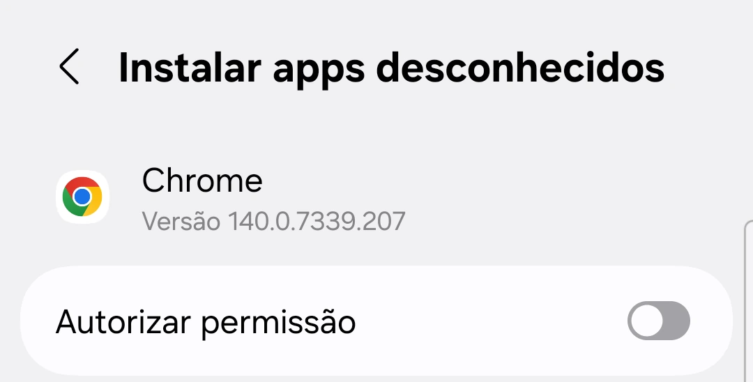 Tela de configurações «Instalar apps desconhecidos» do Chrome com a chave Permitir desta fonte ativada