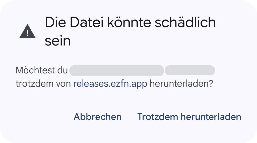 Chrome-Dialog „Diese Datei ist möglicherweise schädlich“ für EZFN-Hybrid.apk mit Button „Trotzdem herunterladen“