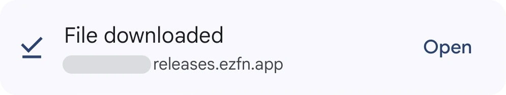 Chrome showing the finished EZFN-Hybrid.apk download with an Open button