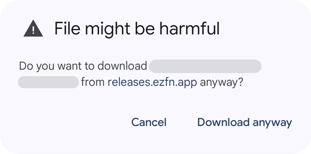 Chrome's "File might be harmful" dialog for EZFN-Hybrid.apk, with a Download anyway button