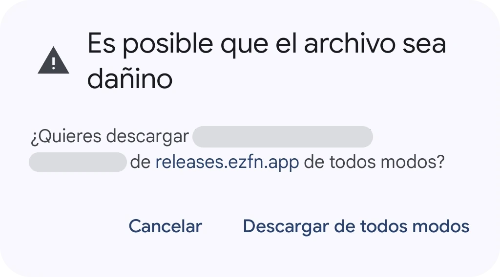 Diálogo de Chrome «El archivo podría ser dañino» para EZFN-Hybrid.apk, con un botón Descargar de todos modos