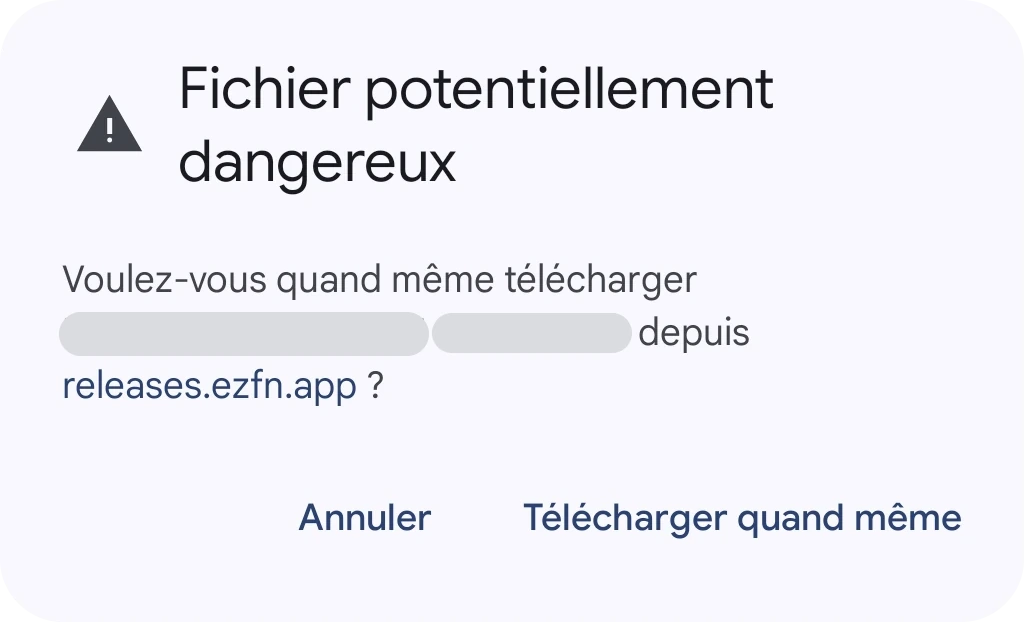 Boîte de dialogue Chrome « Ce fichier peut être dangereux » pour EZFN-Hybrid.apk, avec un bouton Tout télécharger
