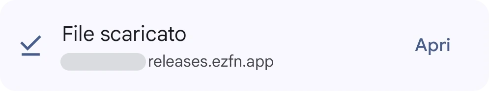 Chrome mostra il download completato di EZFN-Hybrid.apk con un pulsante Apri