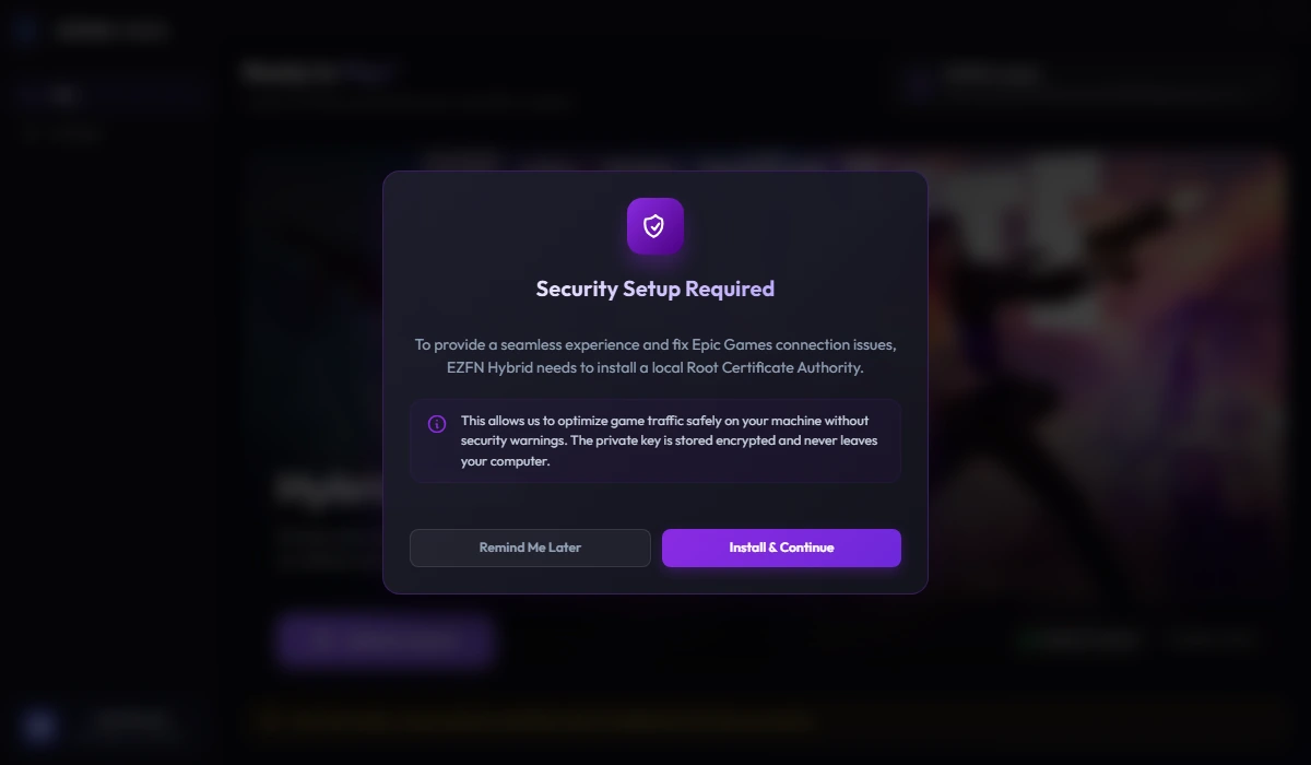 The EZFN Hybrid "Security Setup Required" dialog with an "Install & Continue" button