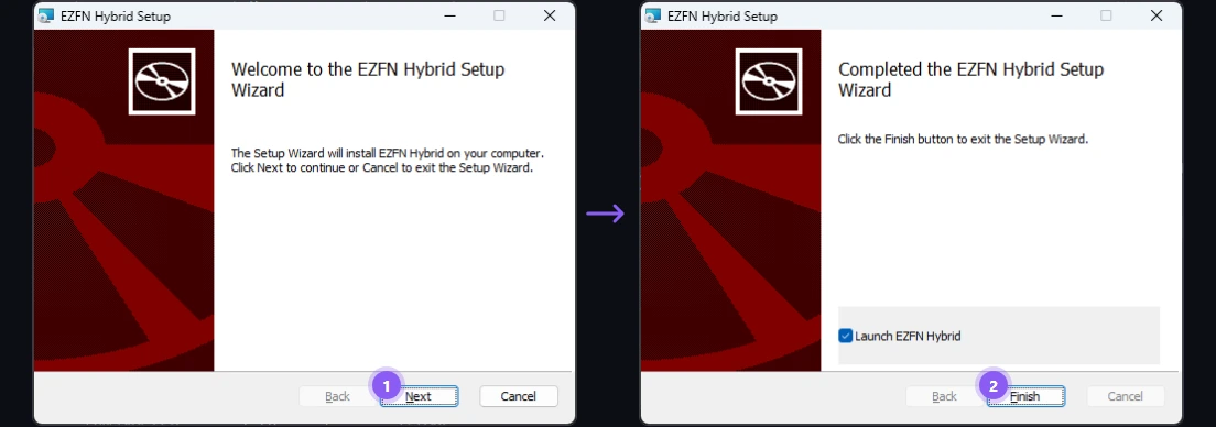 EZFN Hybrid setup wizard: the Next button, then Finish with the launch checkbox ticked