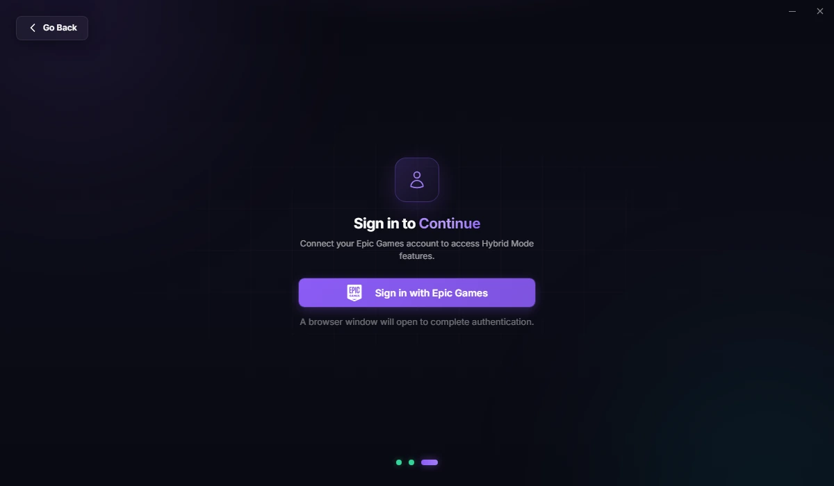 The EZFN Hybrid sign-in screen with a "Sign in with Epic Games" button