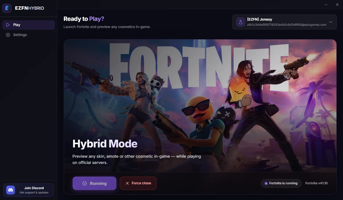 The EZFN Hybrid Play tab showing "Fortnite is running" after launch