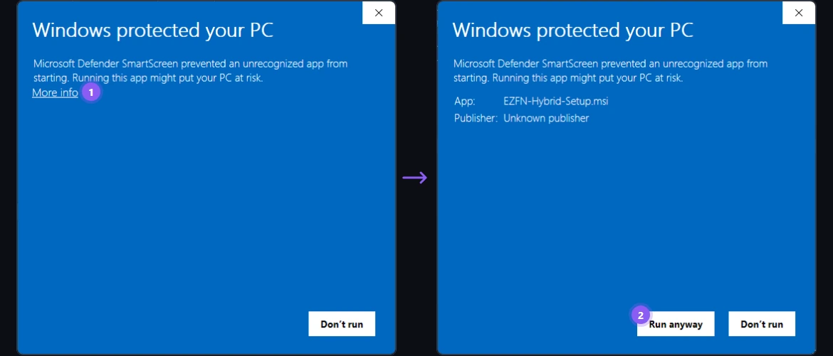 Windows SmartScreen dialog: first More info, then the Run anyway button