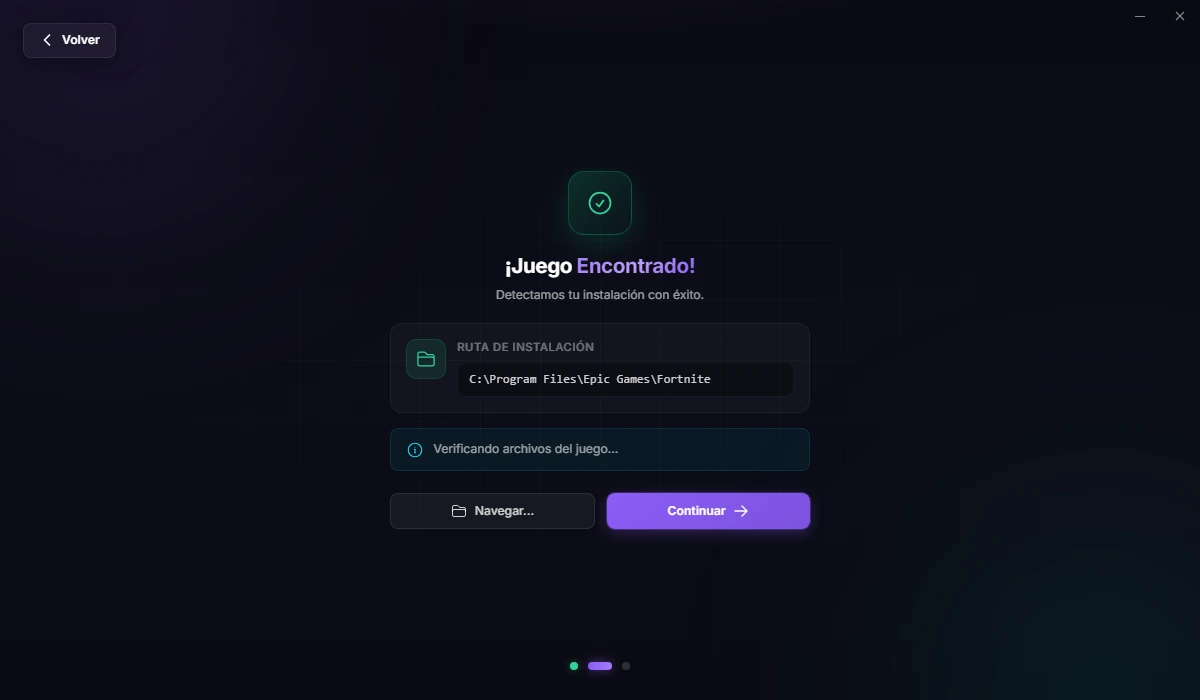 El buscador de juego de EZFN Hybrid mostrando "¡Juego encontrado!" con la ruta de instalación de Fortnite detectada